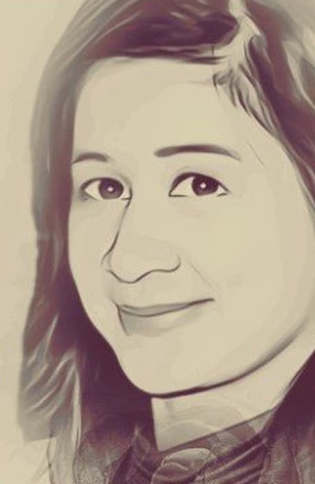 Drawn portrait of Khanh Tran, smiling, in three-quarter view.