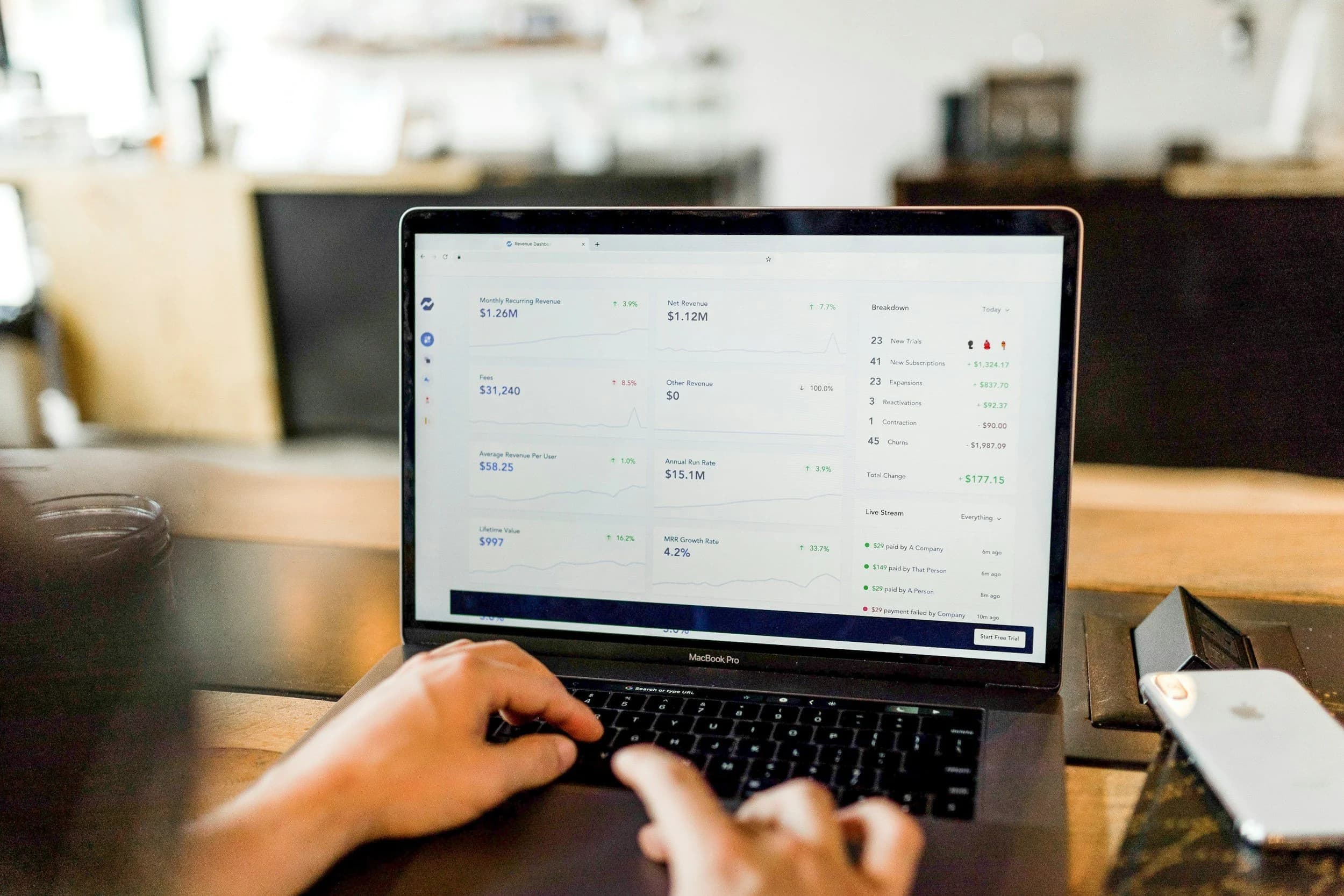 Hands on a laptop displaying a revenue dashboard.